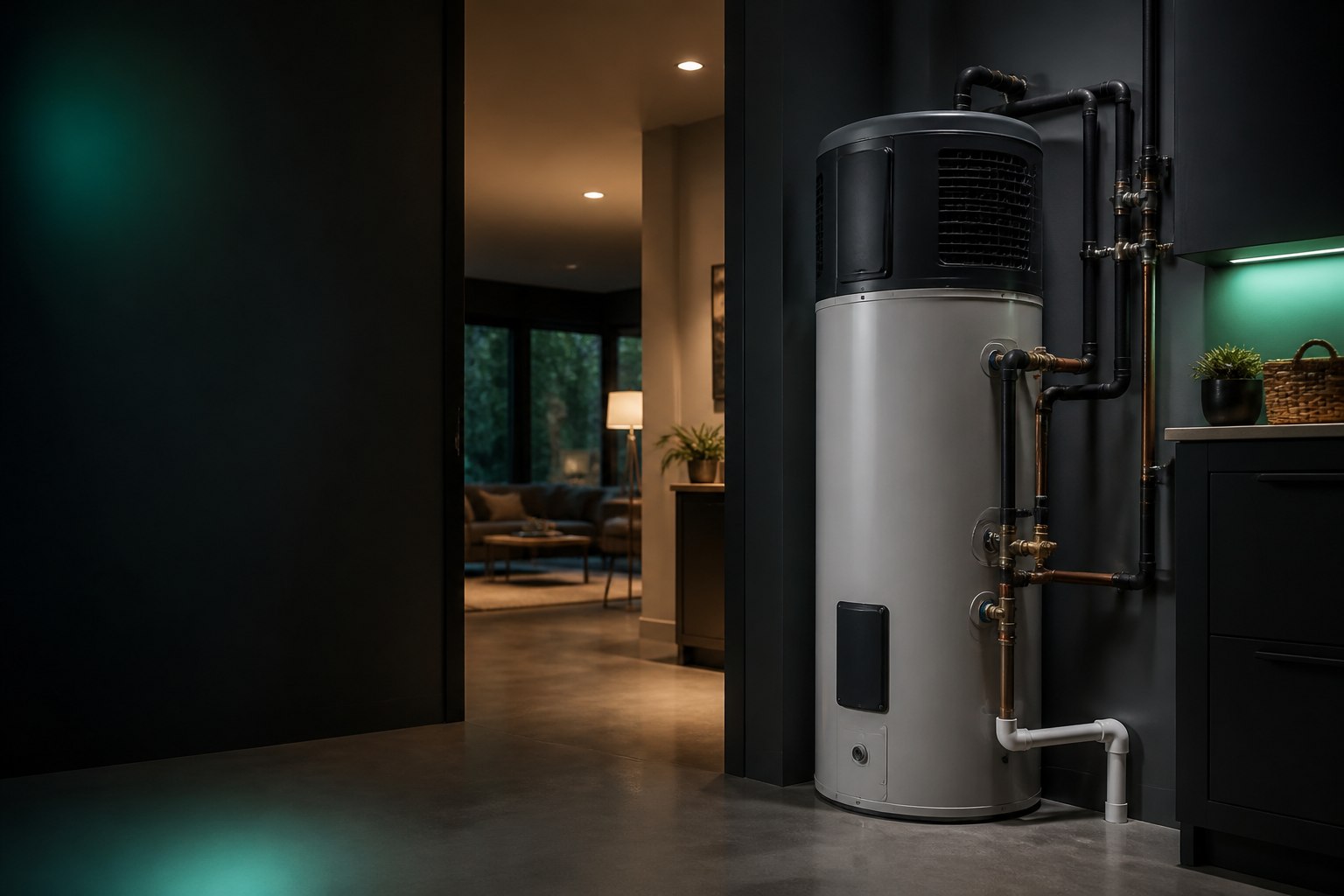 Modern heat-pump water heater installed in a finished utility space